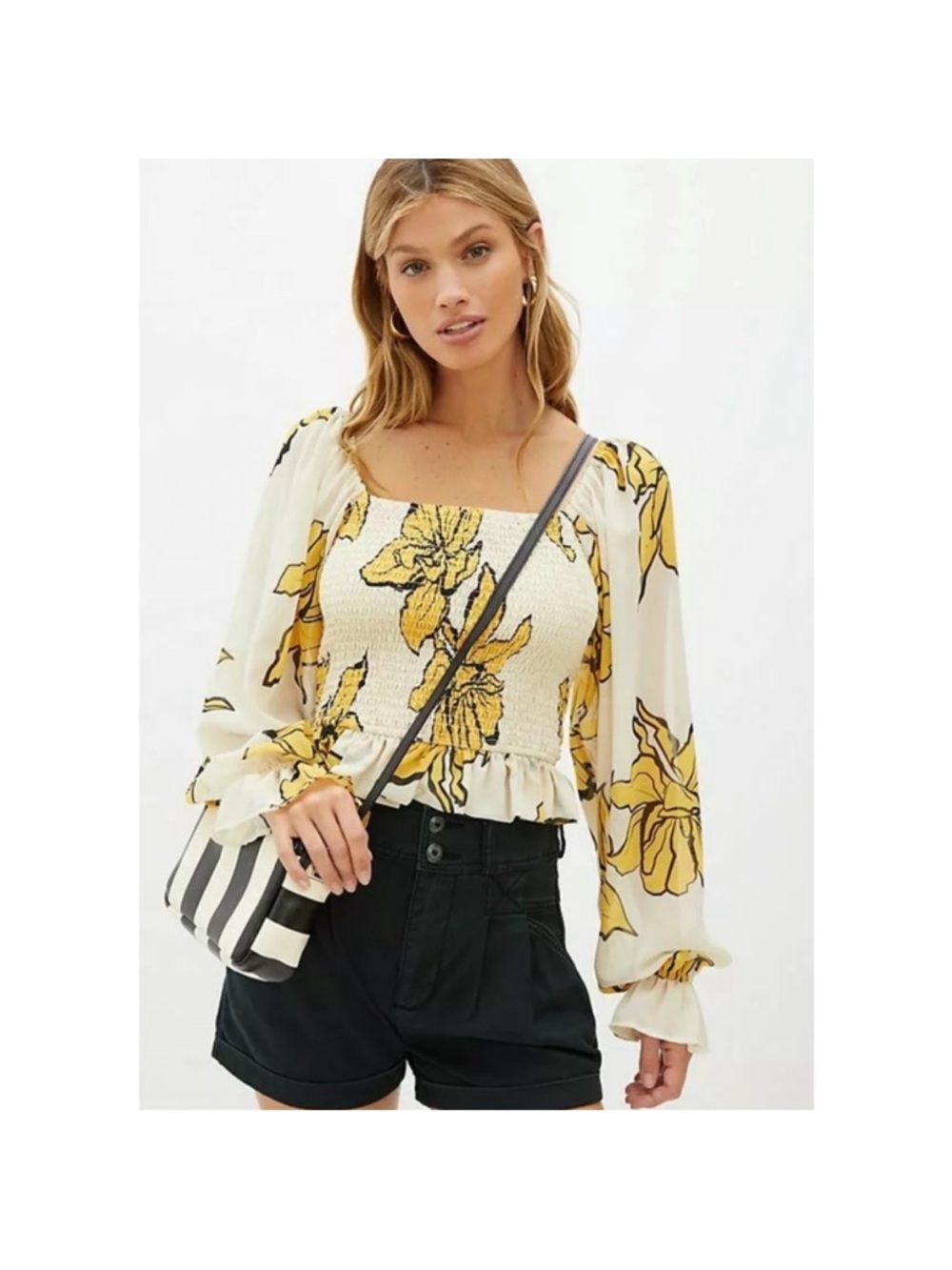 Hutch Yellow Floral Smocked Square-Neck Puff Sleeve Blouse
